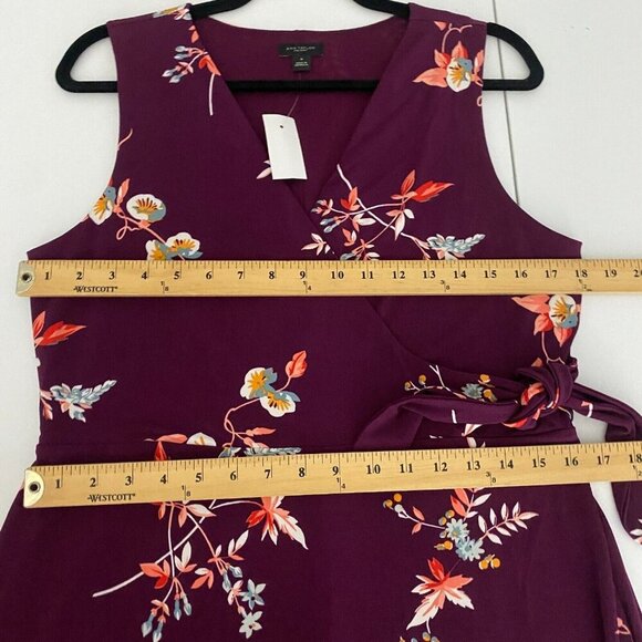 Ann Taylor Purple Floral Faux Wrap Dress Size M Sleeveless Tie Waist - Picture 9 of 11